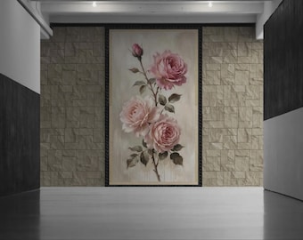 Romantic Pink Rose Floral Painting: Vintage Style Botanical Art – Farmhouse Decor