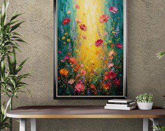Wildflower Meadow Oil Painting Cottagecore Floral Art Lands Canvas Colorful Botanical Print Meadow Rustic Decor Nature Inspired Bright Field