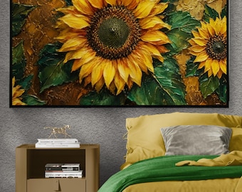 Textured sunflower Impasto Oil Painting canvas print  Floral Wall Art Rustic Farmhouse Botanical Artwork Decor Yellow Flower Gift canvas