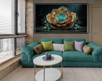 Teal Gold Metallic Floral Canvas Print, Modern Botanical Wall Art