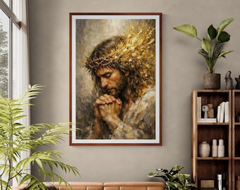 Abstract Jesus Christ Crown of Thorns Prayer Hands Painting, Religious Christian Wall Art, Sacred Gold Spiritual Portrait, Faith Decor