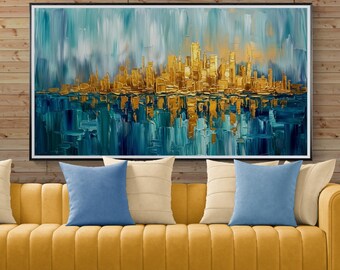 Abstract Gold City Skyline Canvas Print, Teal Blue Modern Urban Painting, Metallic Decor