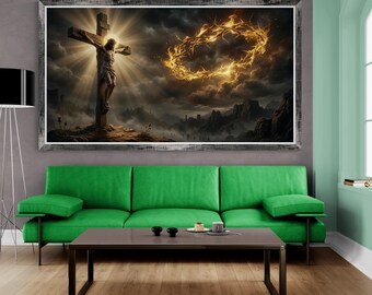 Jesus Crucifixion Wall Art, Crown of Thorns Gold Light Canvas Print, Christian Faith Artwork