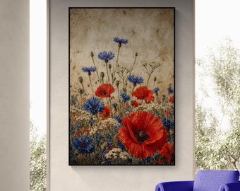 Vintage Wildflower Meadow Wall Art, Red Poppy & Blue Cornflower Print, Rustic Botanical Floral Decor, Cottagecore Nature Artwork