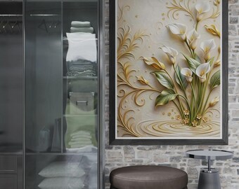 3D Calla Lily Floral Art: White Gold Botanical Wall Decor, Ripple Base Scrollwork