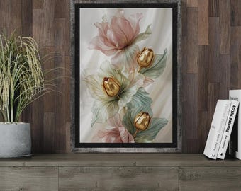 Gold Tulip Pastel Floral Botanical Print, Elegant Metallic Wall Art