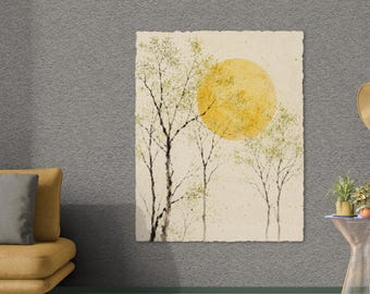 Minimalist Tree Wall Art Print, Japanese Sumi-e Forest Painting, Golden Sun Watercolor Nature Decor for Living Room