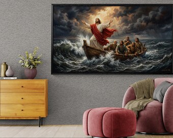 Jesus Calming the Storm Wall Art  Religious Christian Faith Canvas Print  Bible Verse Inspired Jesus Artwork