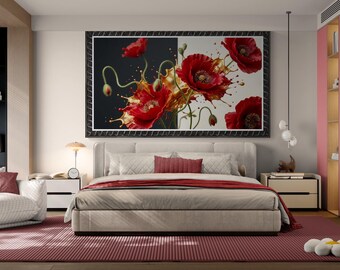 Red Poppy Canvas Print, Gold Splash Floral Artwork, Modern Botanical Wall Decor