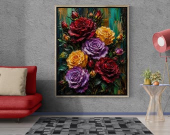 Colorful impasto rose bouquet wall art, red purple yellow floral canvas painting textured luxury home decor thick palette knife
