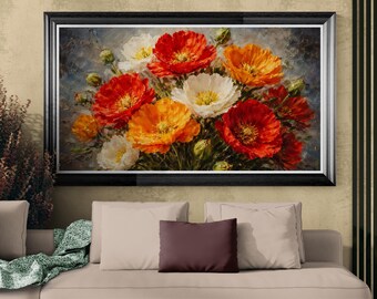 Vibrant Poppy Flower Oil Painting Print, Textured Botanical Wall Art