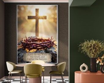 Christian Wall Art Cross Crown of Thorns Isaiah 53:4 Bible Verse Print Jesus Faith Decor Canvas Framed Gift
