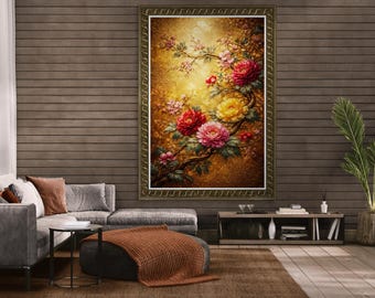 Chinoiserie Peony Floral Wall Art, Vintage Asian Blossom Print, Elegant Botanical Canvas