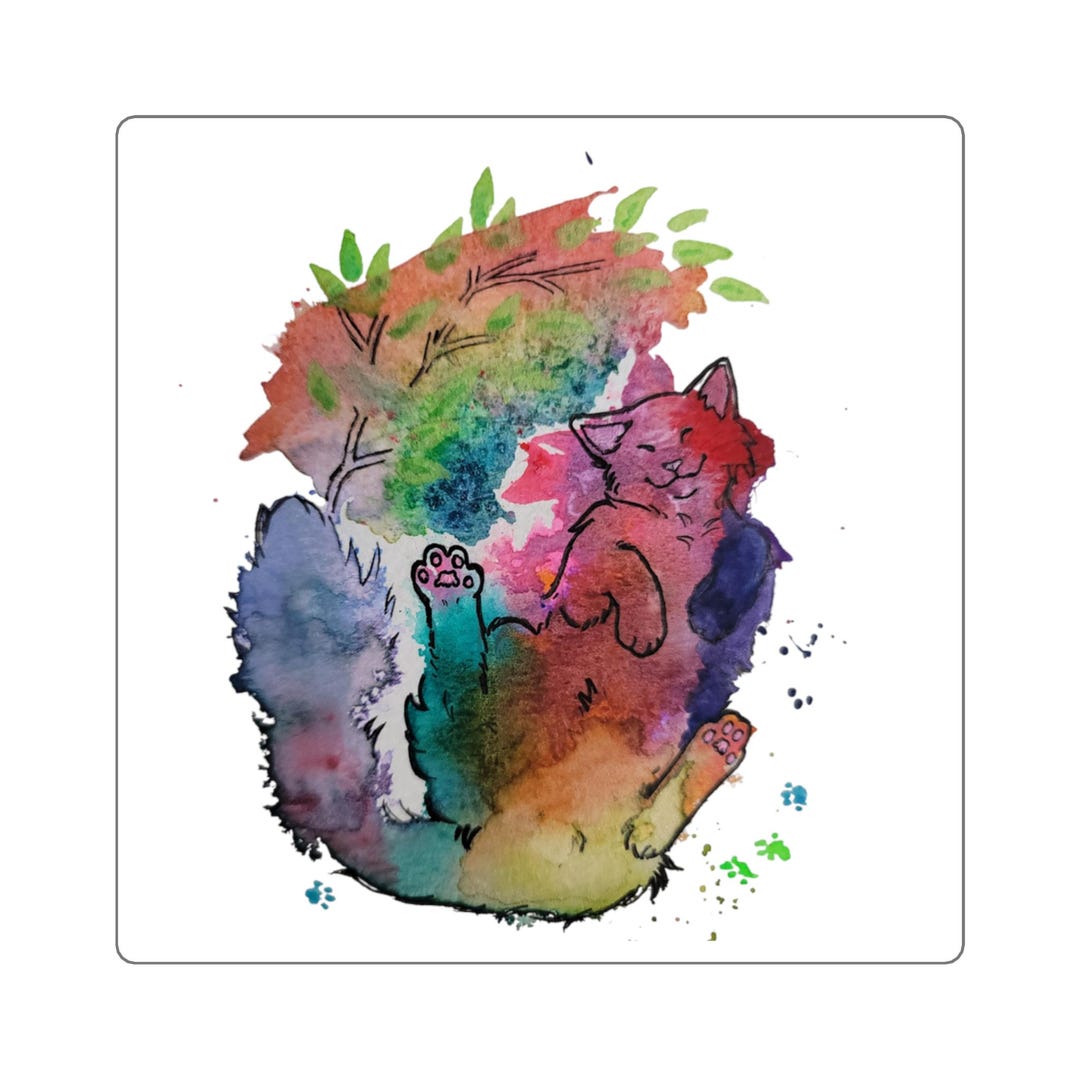 Rainbow Watercolor Cat Sticker - Etsy