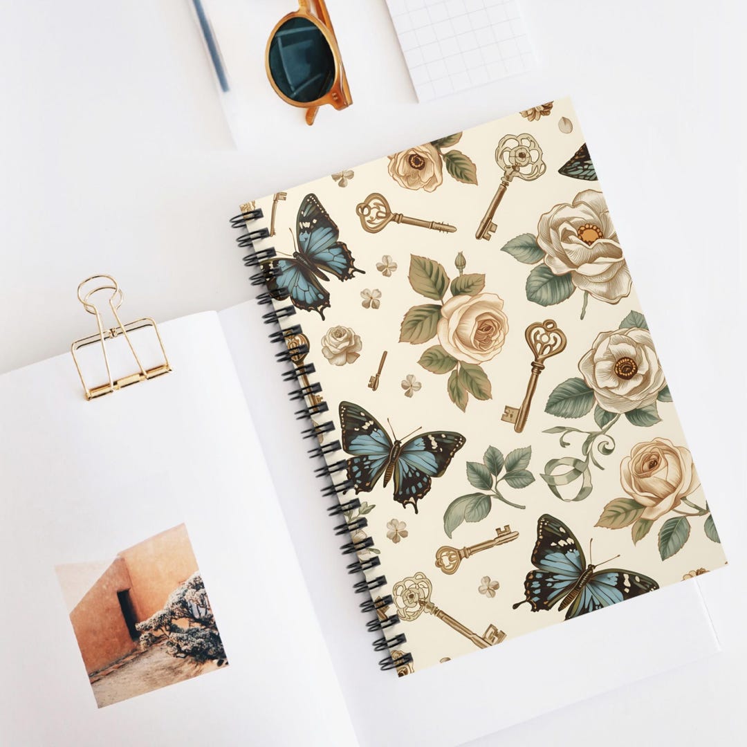Vintage Keys and Blue Butterflies Spiral Notebook | Floral Ruled ...