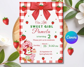 Convite de aniversário editável para menina com tema de morango, convite para o segundo aniversário de uma menina doce, primeiro aniversário com tema de morango, modelo de Canva para festa com tema de morango
