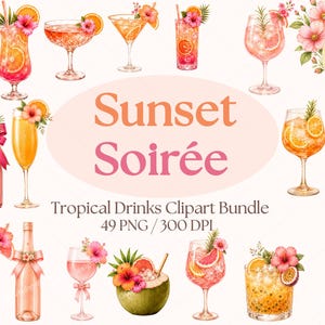 Puede incluir: Una colección digital de ilustraciones en acuarela que presenta varios cócteles tropicales, botellas de champán y cristalería adornada con flores de hibisco rosas, rodajas de naranja y vegetación, centrada en el texto Sunset Soirée.