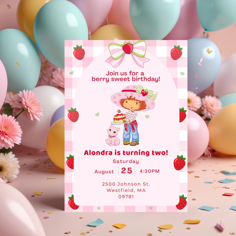 Pode incluir: Um convite de anivers&aacute;rio com tema de morango. O convite apresenta uma ilustra&ccedil;&atilde;o de desenho animado de uma menina segurando um bolo, um gato e o texto "Join us for a berry sweet birthday!". O convite &eacute; decorado com morangos e um padr&atilde;o xadrez rosa.