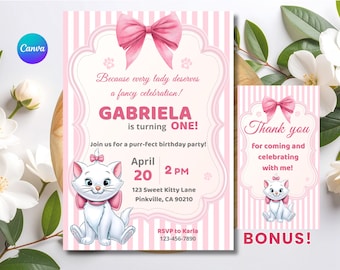 Convite para festa infantil com tema de gatinha Marie, convite de aniversário com tema de gatinha rosa, modelo editável de convite para festa infantil.