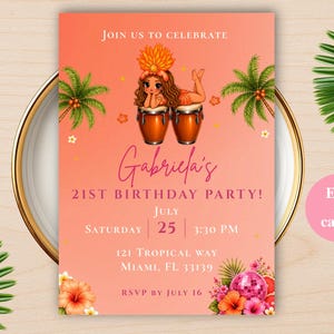 Tropicoqueta Geburtstagseinladung, tropische Geburtstagseinladung, bearbeitbare Canva-Vorlage, rosa-orange Sommerparty-Einladung, digitaler Download