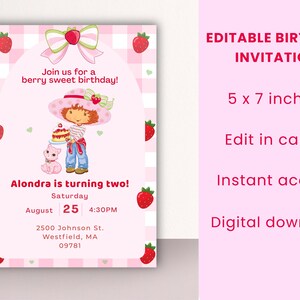 Pode incluir: Convite de anivers&aacute;rio rosa com tema de morango. O convite apresenta uma menina de desenho animado segurando um bolo, morangos e o texto "Join us for a berry sweet birthday!". O convite mede 12,7 x 17,8 cm.