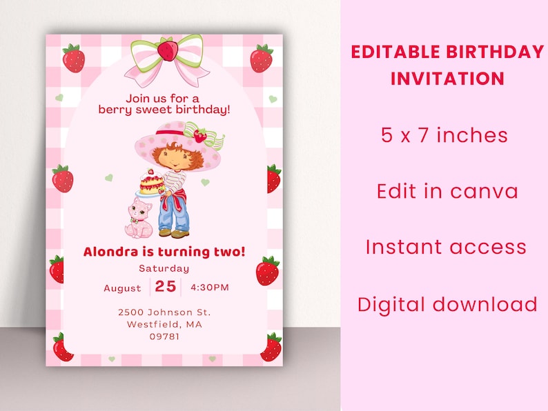 Pode incluir: Convite de anivers&aacute;rio rosa com tema de morango. O convite apresenta uma menina de desenho animado segurando um bolo, morangos e o texto "Join us for a berry sweet birthday!". O convite mede 12,7 x 17,8 cm.