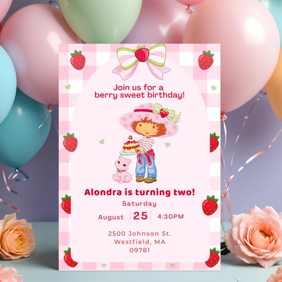 Strawberry Shortcake Birthday Invitation, Berry First Birthday Invite, Strawberry Girl Party, Editable Canva Template, Photo Invitation