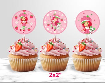 Toppers de cupcake de Moranguinho para imprimir, decoração de festa de aniversário com tema de morango, toppers de cupcake com tema de morango, festa de morango rosa