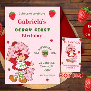 Editable Strawberry Shortcake Invitation | Berry First Birthday Invitation | First Birthday Girl Invitation | Editable Digital Invitation |
