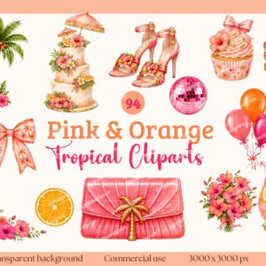 Tropical Clipart PNG Bundle, Pink Orange Summer Clipart, Hibiscus Flowers, Citrus, Beach Wedding Party, Sunset Soirée, Garden, Baby Shower