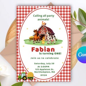 Rustic Farm Animals Birthday Invitation | Boy Barnyard Party Invite | Tractor Barn Cow Theme | Editable Digital Download