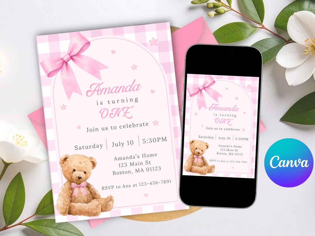 Pink Teddy Bear First Birthday Invitation Girl Editable Template,pink ...