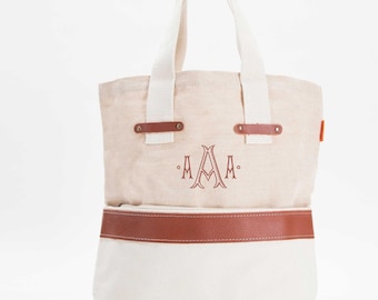 Personalized Tote Bag, Monogrammed Jute and Canvas Tote, Leather Trim Tote, Carry On Bag, Eco Friendly Tote, Bridesmaid Gift, Gift for Her