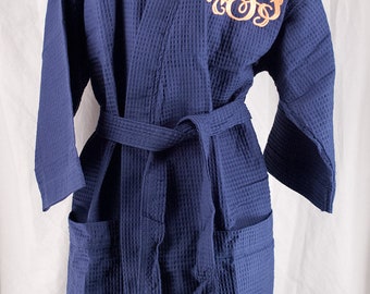 Bridesmaid Robe, Monogrammed Robe, Personalized Spa Robe - Waffle Weave Kimono Robe, Navy Thigh Length Monogrammed Robe - Bridal Party Robes