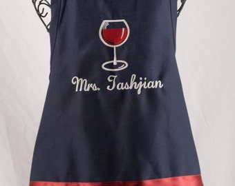 Personalized Apron - Red Wine Glass Apron - Monogrammed Apron - Bridal Party Gift - Embroidered Gift - Hostess Gift - Cooking Apron - Bar