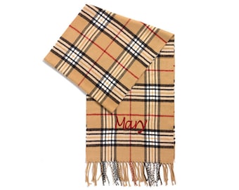 Personalized Tan Plaid Scarf, Monogrammed Scarf, Embroidered Scarf, Neck Warmer, Winter Scarf, Scarves