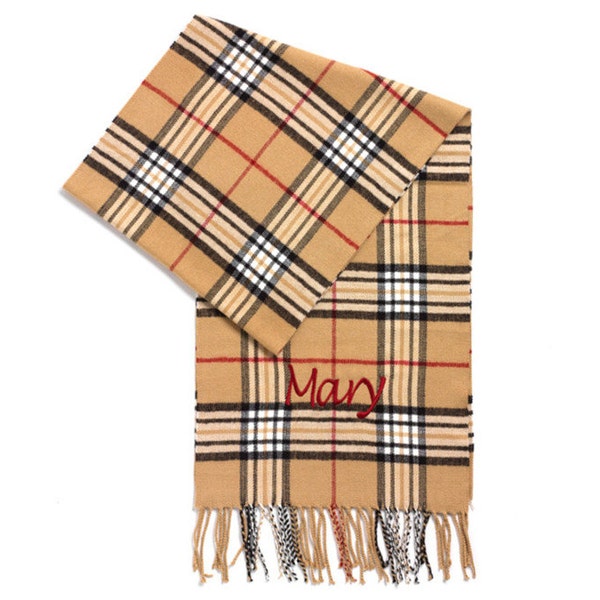 Personalized Tan Plaid Scarf, Monogrammed Scarf, Embroidered Scarf, Neck Warmer, Winter Scarf, Scarves