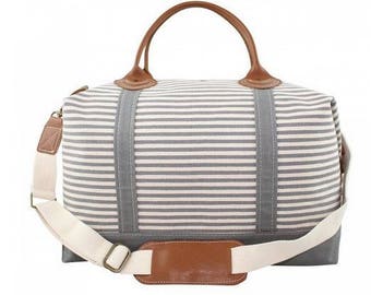 Canvas Weekender Bag, Monogrammed Gray Stripe Totebag, Luggage, Carry On Bag, Canvas Tote with Leather Trim, Duffel Bag, Gym Bag