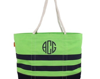 Monogrammed Tote Bag, Natural Canvas Tote, Embroidered Tote, Beach Bag, Bridesmaid Gift, Carry On Bag, Lime and Navy Tote, Diaper Bag