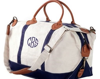 Personalized Canvas Weekender Bag, Navy Trim Weekender Tote, Embroidered Luggage, Overnight Bag, Carry-On Bag, Monogrammed Sunshine Tote,