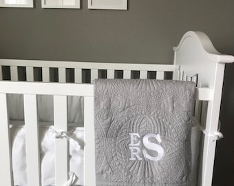 Monogrammed Baby Quilt Gray,  Quilted Heirloom Baby Quilt, Gray Baby Quilt Embroidered, Baby Blanket Monogrammed, Baby Gift