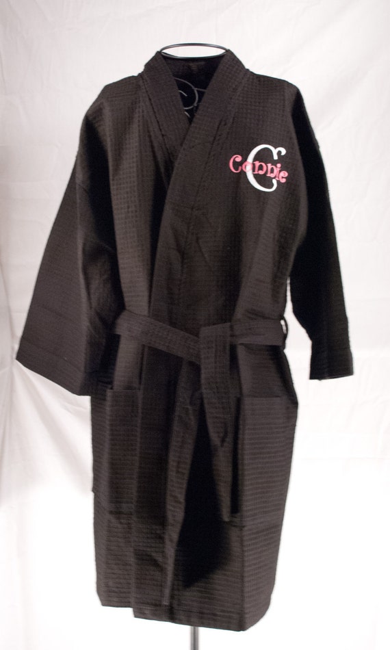 Personalized Spa Robe Black Waffle Weave Kimono Monogrammed Etsy