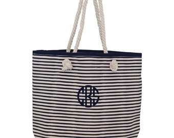 Knotted Rope Tote - Navy Stripe Tote - Beach Tote Bag - Pool Bag - Monogrammed Tote - Bridesmaid Gift - Personalized Tote Bag - Teacher Gift