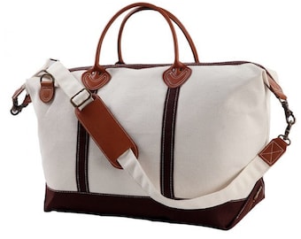 Personalized Canvas Brown Trim Weekender Bag- Monogrammed Luggage - Overnight Bag - Graduation Gift - Gift - Carry On Bag - Embroidered Tote