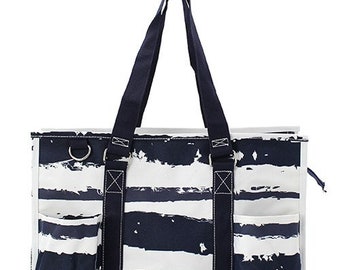 Personalized  Utility Tote - Navy White Stripe Print Tote Bag - Multipurpose Tote - Monogrammed Organizer Bag - Diaper Bag - Gift Idea