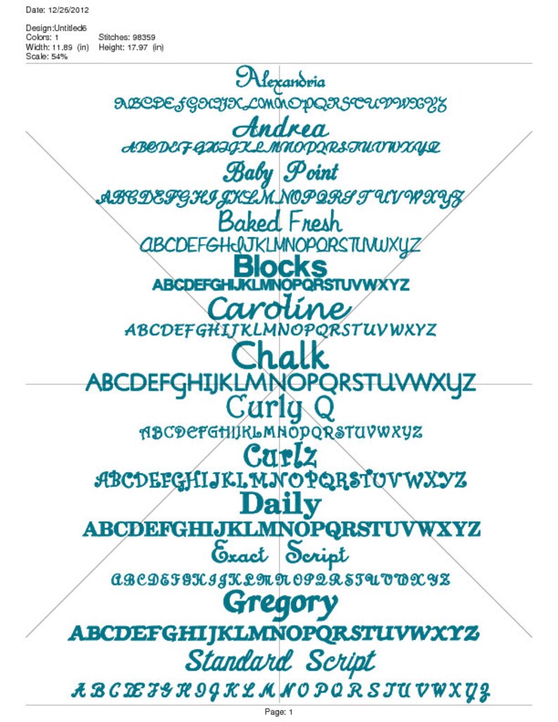 May include: A teal blue graphic showing different font styles for the alphabet. The fonts include Alexandria, Andrea, Baby Point, Baked Fresh, Blocks, Caroline, Chalk, Curly Q, Carlz, Daily, Exact Script, Gregory, Standard Script. The graphic is on a white background.