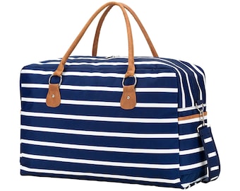 Personalized Navy Stripe Travel Bag, Overnight Bag Personalized, Carry on Travel Bag, Maid of Honor, Tween Gift, Weekender, Bridesmaid, Gift