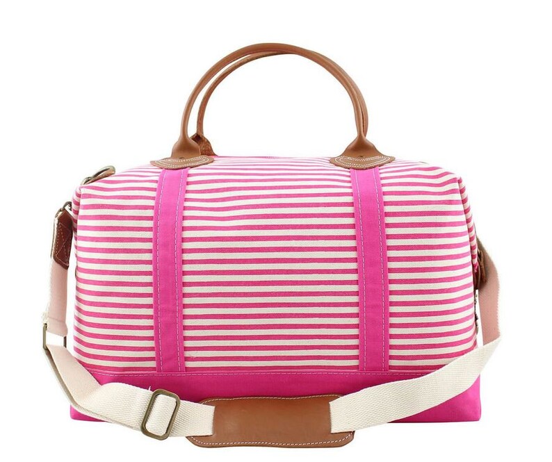 Canvas Weekender Bag Monogrammed Hot Pink Stripe Totebag Duffel Bag Carry On Bag Canvas Tote with Leather Trim Gym Bag Luggage