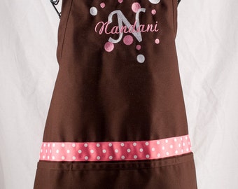 Monogrammed Apron - Brown Personalized Cooking Apron with Dots - Ladies Chef Apron - Womens Apron - Bakers Apron - Apron with Pockets -