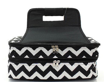 Personalized Casserole Carrier Double Insulated Chevron Print Black and White Embroidered